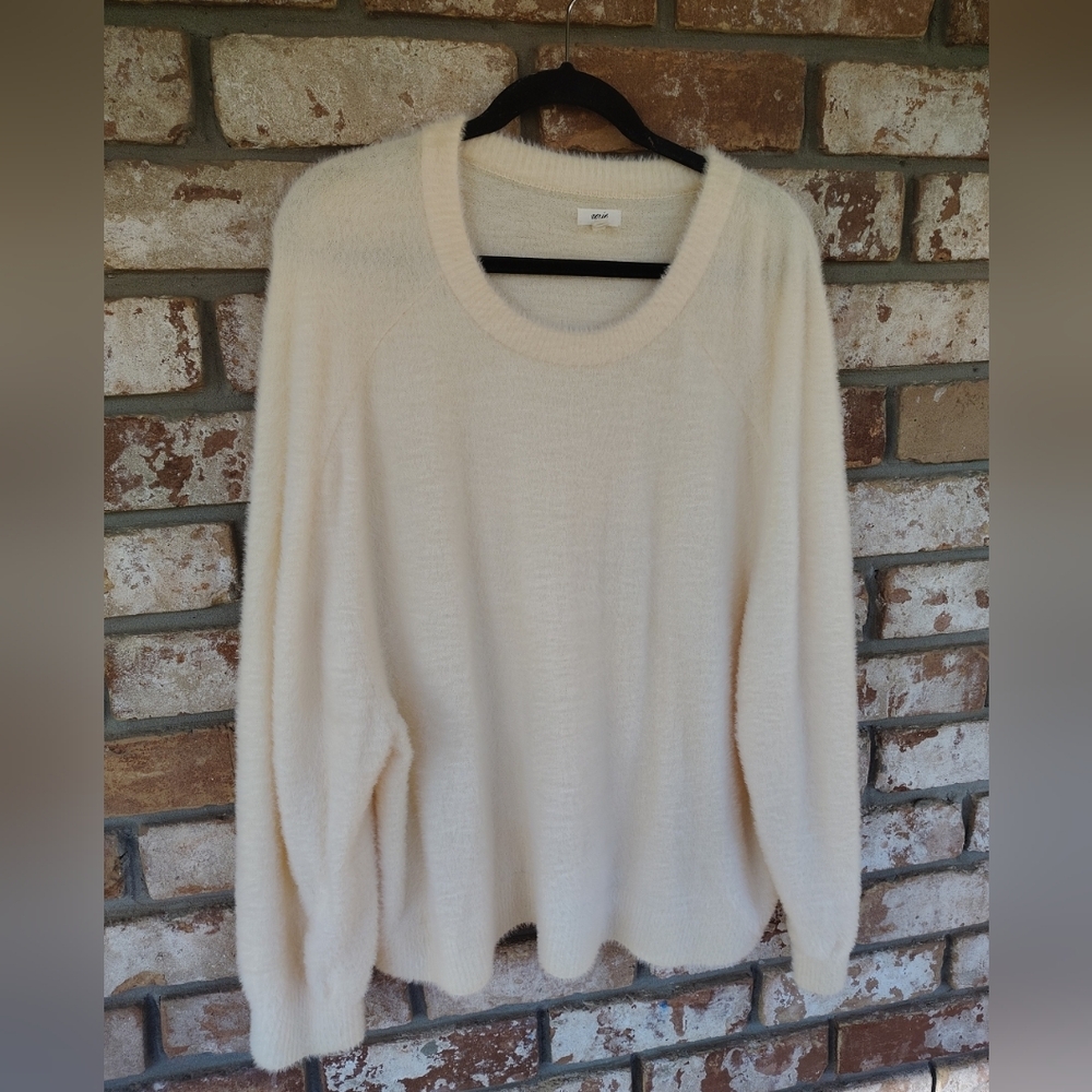 Aerie Women's Ivory Flurry Crew Neck Oversized Fuzzy Sweater Sz XL Cozy Soft